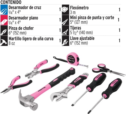 Juego de Herramientas Rosa Pretul (8 Piezas) .Compacto, Pr�ctico y el Regalo Ideal